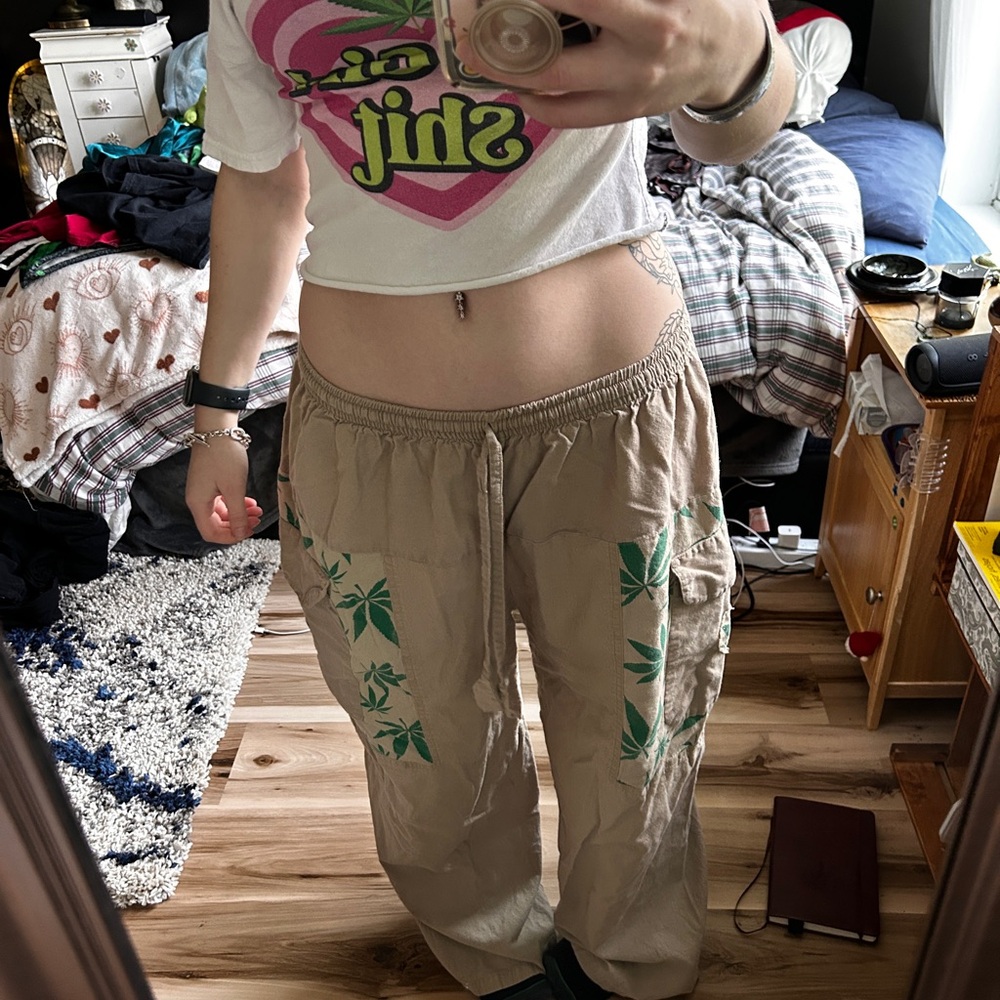 Tan Pants with Green Leaf Print